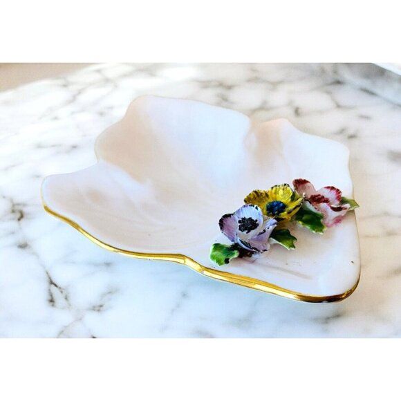 Staffordshire England Pink Trinket Dish Floral Bone China Leaf Gold Trim 5 In L - Picture 1 of 10